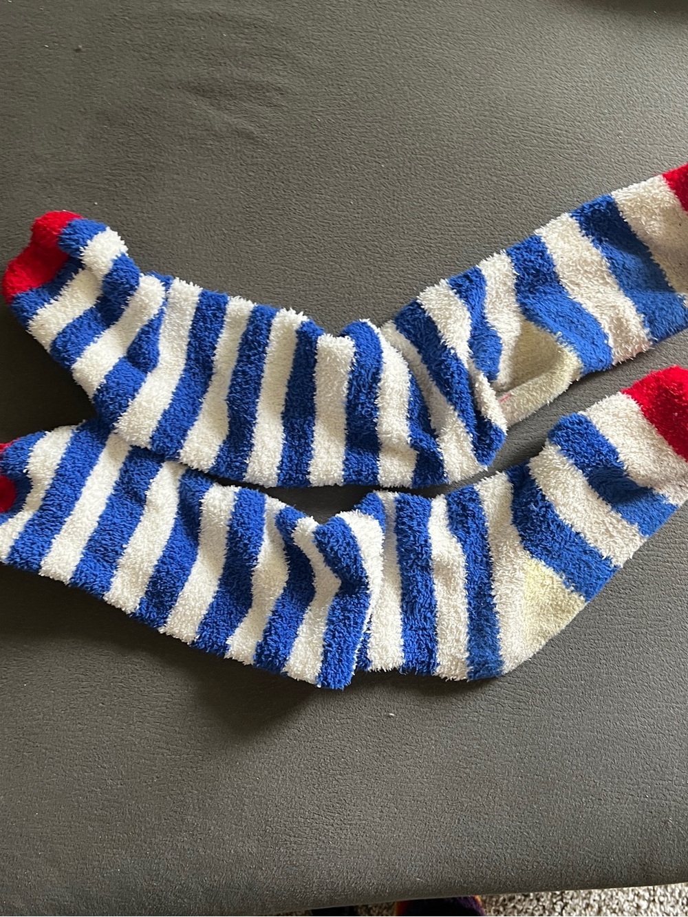 USED - Cozy Blue & White Striped Fuzzy Socks with Red Toe
